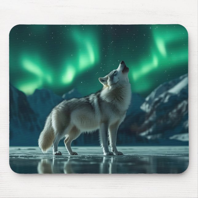 Tapis De Souris Wolf Howling Under the Northern Lights (Devant)