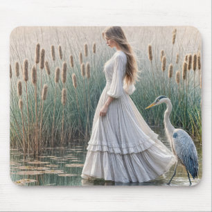 Tapis De Souris Woman Walking With Blue Heron
