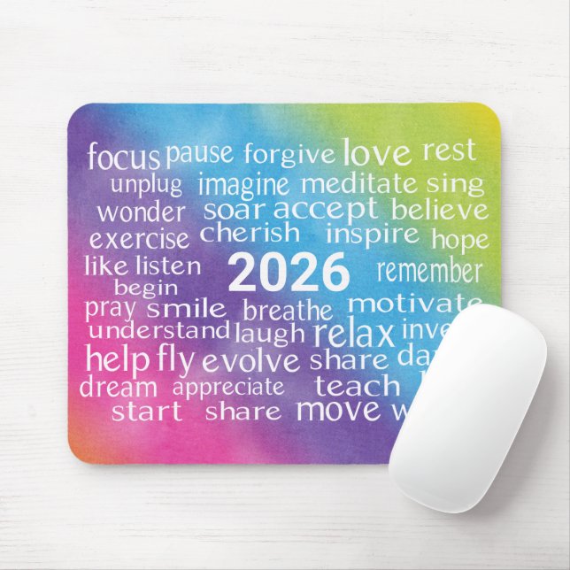 Tapis De Souris Word Cloud 2026 Sur Rainbow Abstrait (Avec souris)