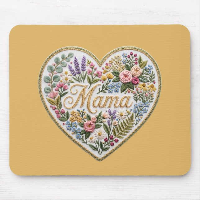 Tapis De Souris Yellow Floral Faux Embroidery Heart Mama (Devant)
