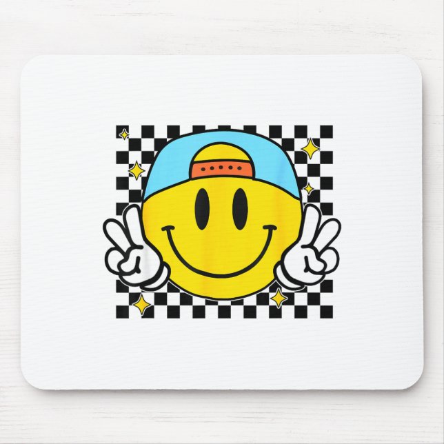 Tapis De Souris Yellow Smile Face Cute Checkered Peace Smiling Hap (Devant)