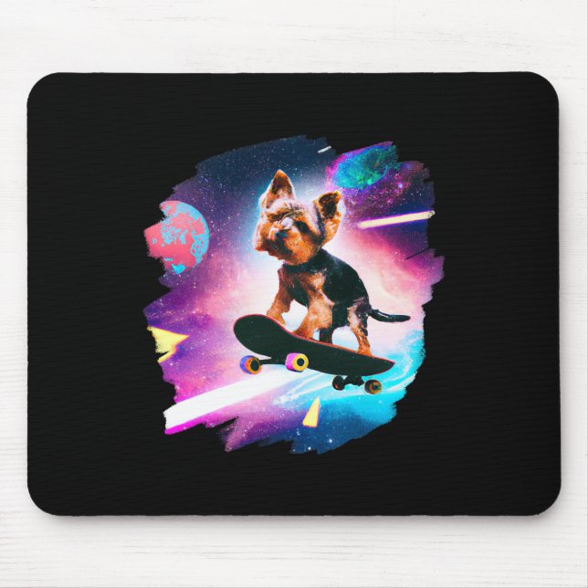 Tapis De Souris Yorkie Yorkshire Terrier Skateboarding Space Retro (Devant)