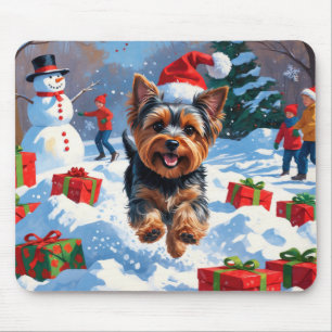 Tapis De Souris Yorkshire Terrier en neige avec Casquette de Noël