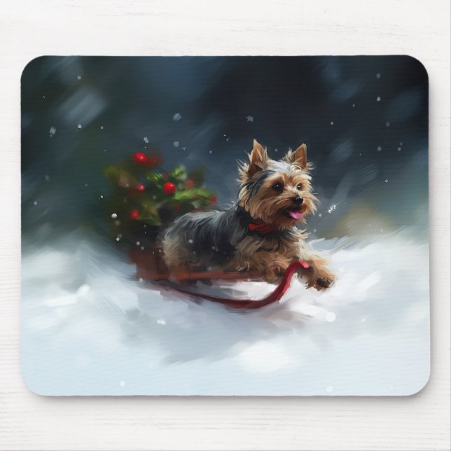 Tapis De Souris Yorkshire Terrier neige de Noël hiver (Devant)