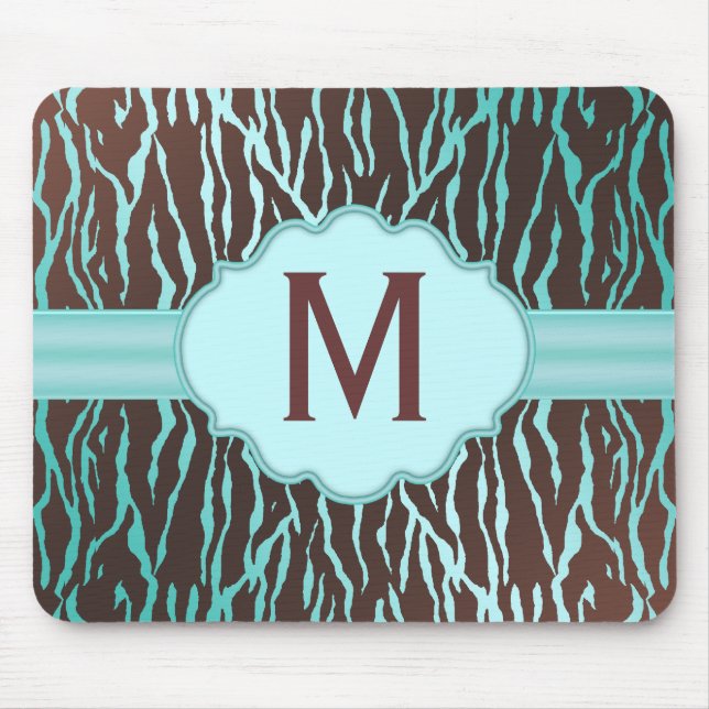 Tapis De Souris Zèbre Brown & Turquoise Grandes Têtes Monogramme M (Devant)