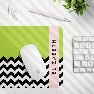 Tapis De Souris Zigzag noir et blanc, Chevron, Vert, Votre nom
