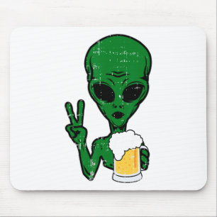 Tapis De Souris Zone-51 Alien Beer Peace Sign Lazy Drinking Hallow