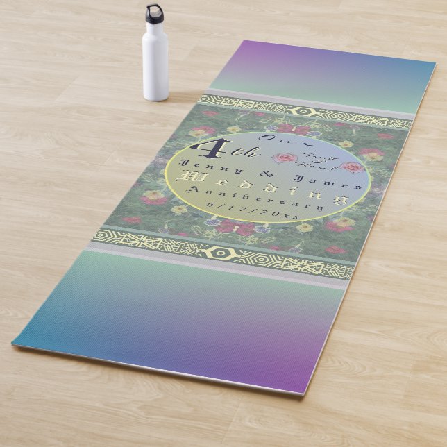 Tapis De Yoga 4e année Mariage Anniversaire Vert&Bleu Fleur (En situation)