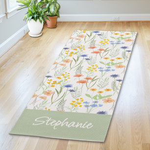 Tapis de yoga à fleurs sauvages vertes aquarelle n