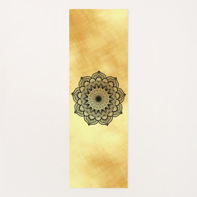 Tapis de Yoga à Mandala Noir sur Fond Doré Doux (Devant)