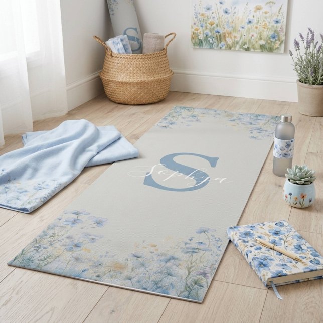 Tapis de Yoga à Monogramme Fleur Bleue Personnalis (Créateur téléchargé)