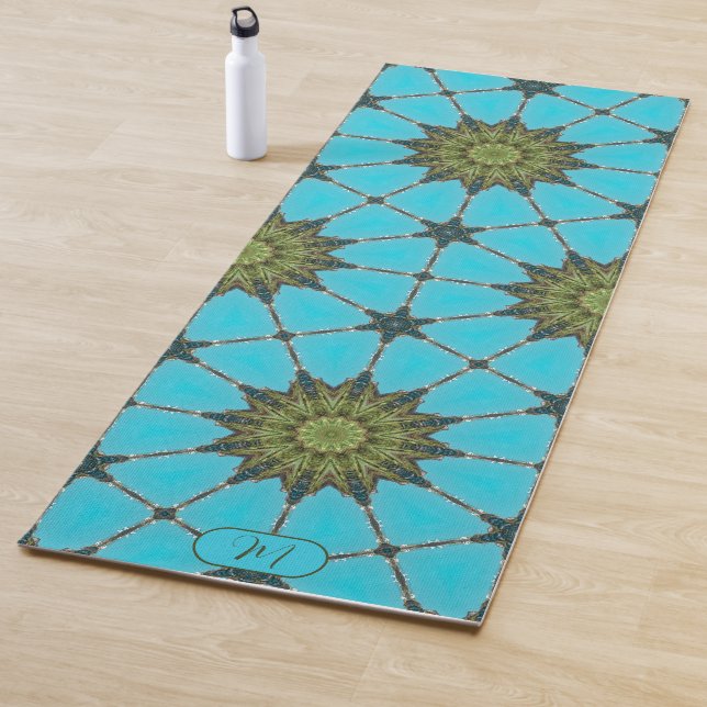Tapis de yoga à motif géométrique sarcelle (En situation)