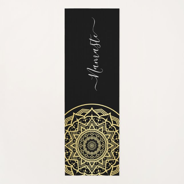Tapis de Yoga à Script Namaste Noir Mandala Doré (Devant)