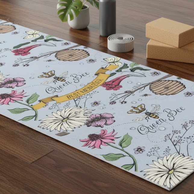 Tapis De Yoga Abeille bleu clair et couronne or Meilleure maman  (Floral Queen Bee Yoga Mat for Her. Vintage Bee, Flower, Crown Insect Pattern for Meditation, Workout)