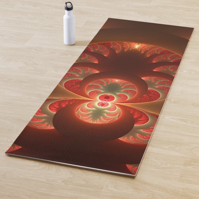 Tapis De Yoga Abstrait lumineux rouge orange moderne Fractal (En situation)