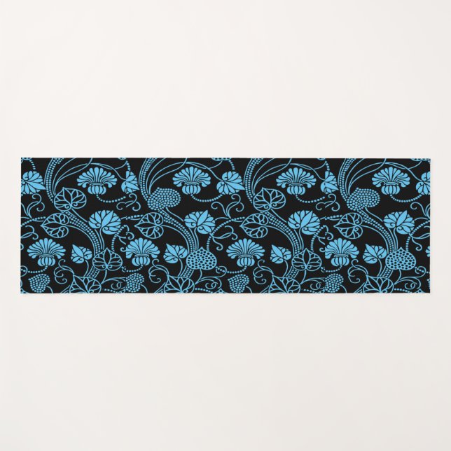 Tapis De Yoga Antique motif floral noir sur bleu (Devant (Horizontal))