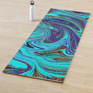 Tapis De Yoga Aqua Bleu et Noir Groovy Art Abstrait Rétro