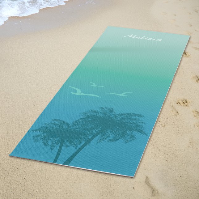 Tapis De Yoga Aqua Blue Palm Trees Et Oiseaux Tropical Été (Créateur téléchargé)
