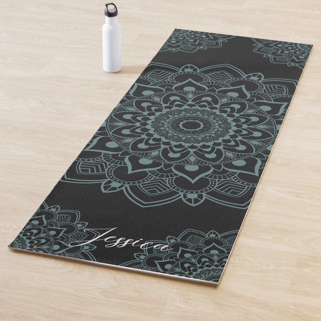 Tapis De Yoga Aqua Turquoise & Black Mandala w Calligraphy Name (Créateur téléchargé)
