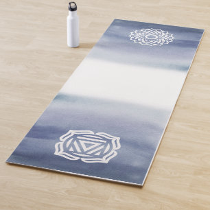Tapis De Yoga Aquarelle bleu et blanc Couronne et racine Chakra
