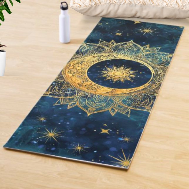 Tapis De Yoga Aquarelle bleu et or Mandala Sun Nebula Galaxy (Watercolor Blue and Metallic Gold Mandala Sun Nebula Galaxy Meditation / Yoga Mat With Golden Stars.)