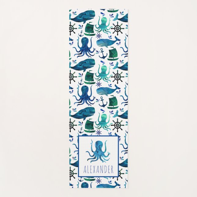 Tapis De Yoga Aquarelle Bleue Sous La Mer Pieuvre Enfants (Devant)