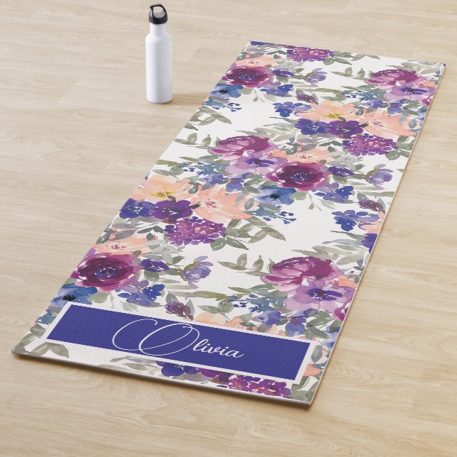 Tapis De Yoga Aquarelle Boho Floral Purple Script (En situation)