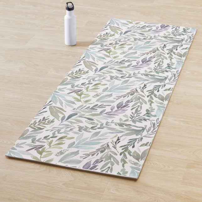 Tapis De Yoga Aquarelle botanique bleu vert (En situation)