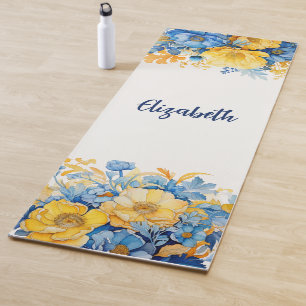 Tapis De Yoga Aquarelle botanique jaune bleu Floral