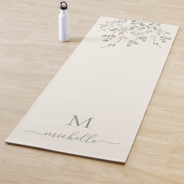 Tapis De Yoga Aquarelle botanique personnalisée Monogramme ivoir (En situation)