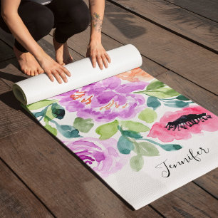 Tapis De Yoga Aquarelle brillante peinte à la main Floral