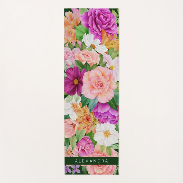 Tapis De Yoga Aquarelle couleur monogramme Floral violet rose (Devant)