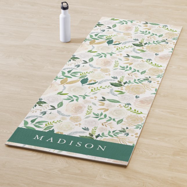Tapis De Yoga Aquarelle Crème d'ivoire Floral & Verdure (En situation)