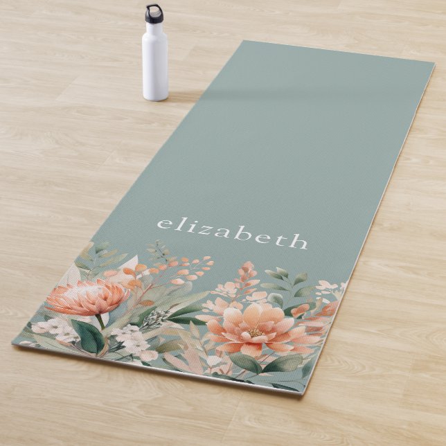 Tapis De Yoga Aquarelle de saumon vert de la plage Boho florale (En situation)