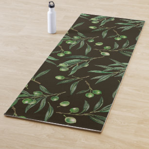 Tapis De Yoga Aquarelle des branches d'olive en noir