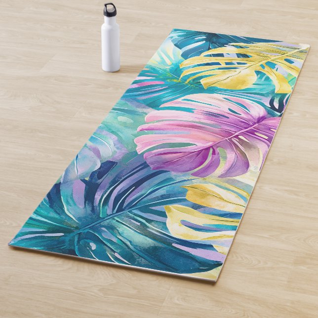 Tapis De Yoga Aquarelle d'or Paradis Feuille tropical (En situation)