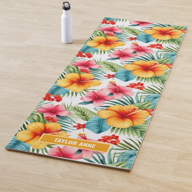 Tapis De Yoga Aquarelle exotique personnalisée Floral hawaïen ha (En situation)