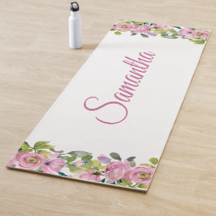 Tapis De Yoga Aquarelle florale rose assez jolie Nom personnalis