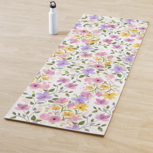 Tapis De Yoga Aquarelle Florale Yellow Rose et Purple Yoga Mat (En situation)