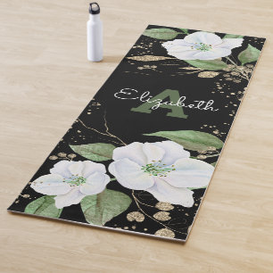 Tapis De Yoga Aquarelle Gold Floral Black Chic Monogramme Script