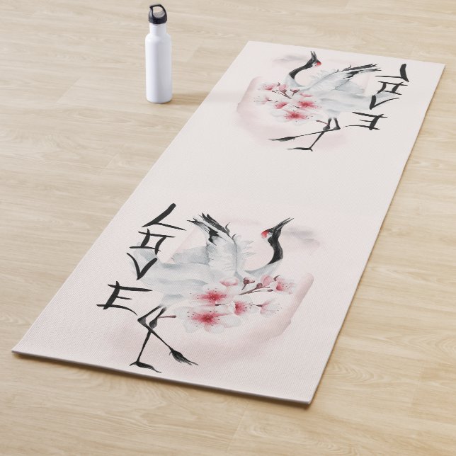 Tapis De Yoga Aquarelle Japonaise Sakura Blossom Love Crane