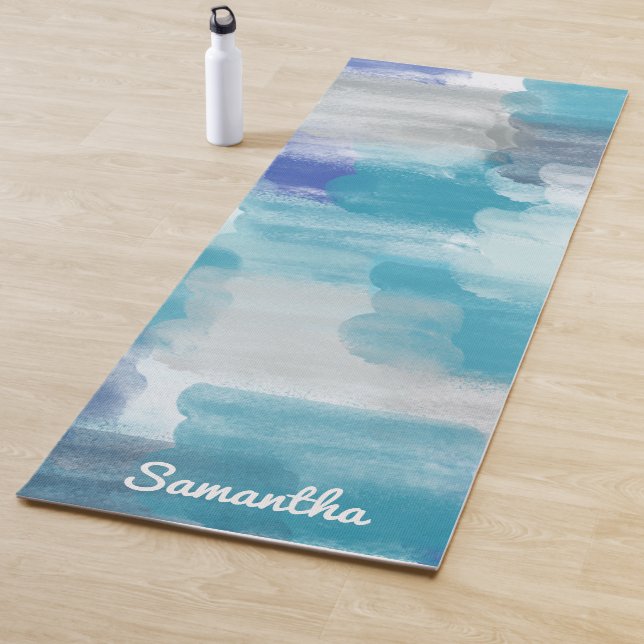 Tapis De Yoga Aquarelle moderne turquoise et gris Art Abstrait (En situation)