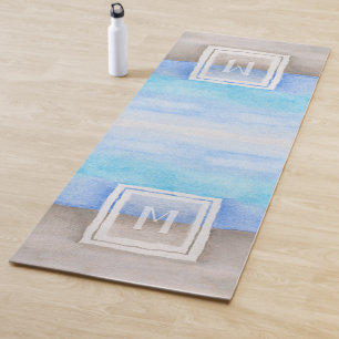Tapis De Yoga Aquarelle Monogramme mer et sable bleu et bronze