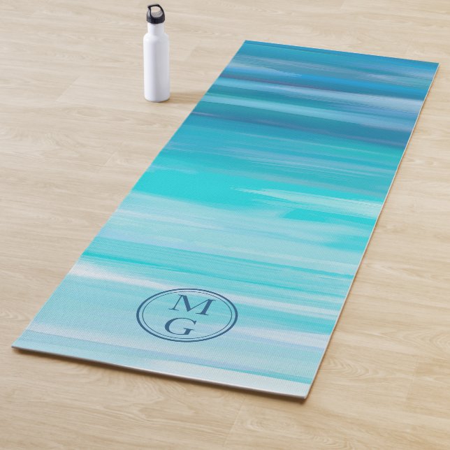 Tapis De Yoga Aquarelle Ombre Abstrait Marine bleu Aqua Monogram (En situation)