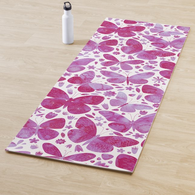 Tapis De Yoga Aquarelle papillon rose (En situation)