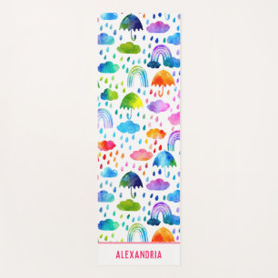 Tapis De Yoga Aquarelle Rainbow Umbrellas Rainy Day Girls