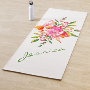 Tapis De Yoga Aquarelle rose colorée Art Floral Personnalisé