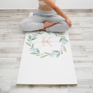 Tapis De Yoga Aquarelle rose Floral Wreath Monogramme