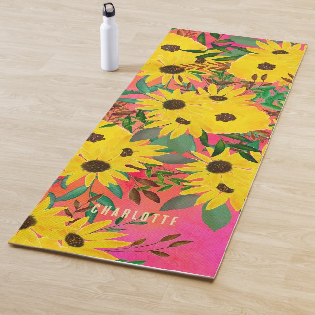 Tapis De Yoga Aquarelle Tournesol motif floral rose + nom (En situation)