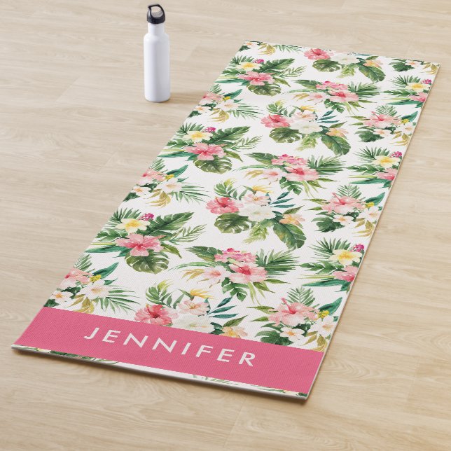 Tapis De Yoga Aquarelle Tropical Pink Hibiscus Motif Floral (En situation)